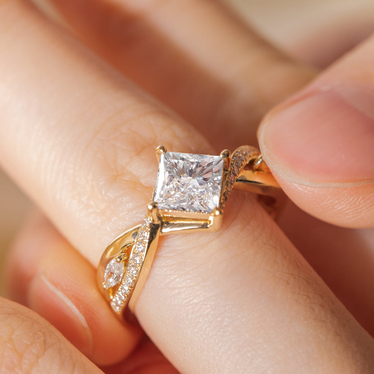 18K Yellow Gold 1.5ct Princess Cut Lab Diamond 4 Claw Prongs Vintage Ring with Round and Marquise Cut Lab Diamond Side - stones - FIORESE JEWELRY