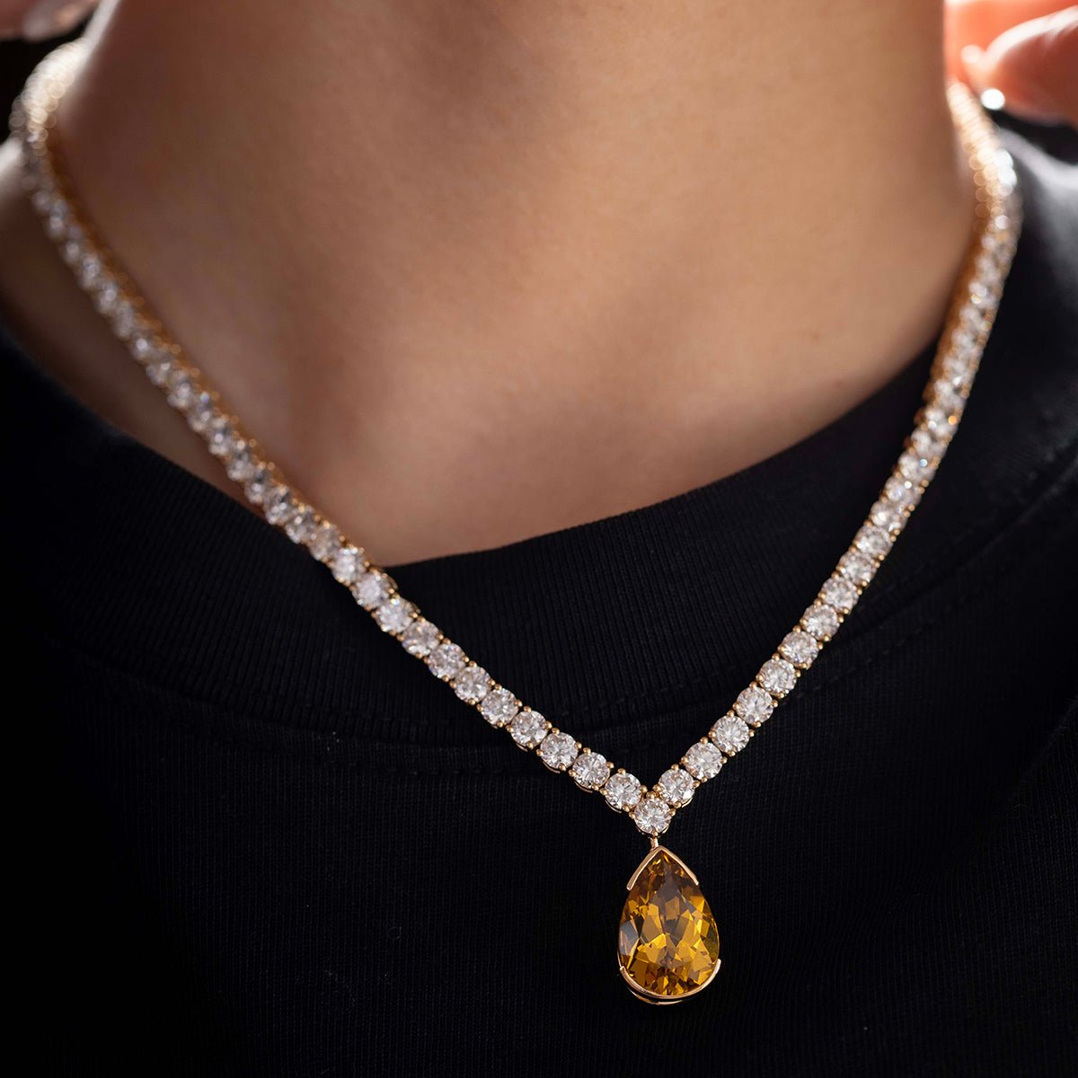 18K Yellow Gold 32.5 ct tw 4mm Tennis Necklace with A Pear Brazilian Natural Citrine - FIORESE JEWELRY