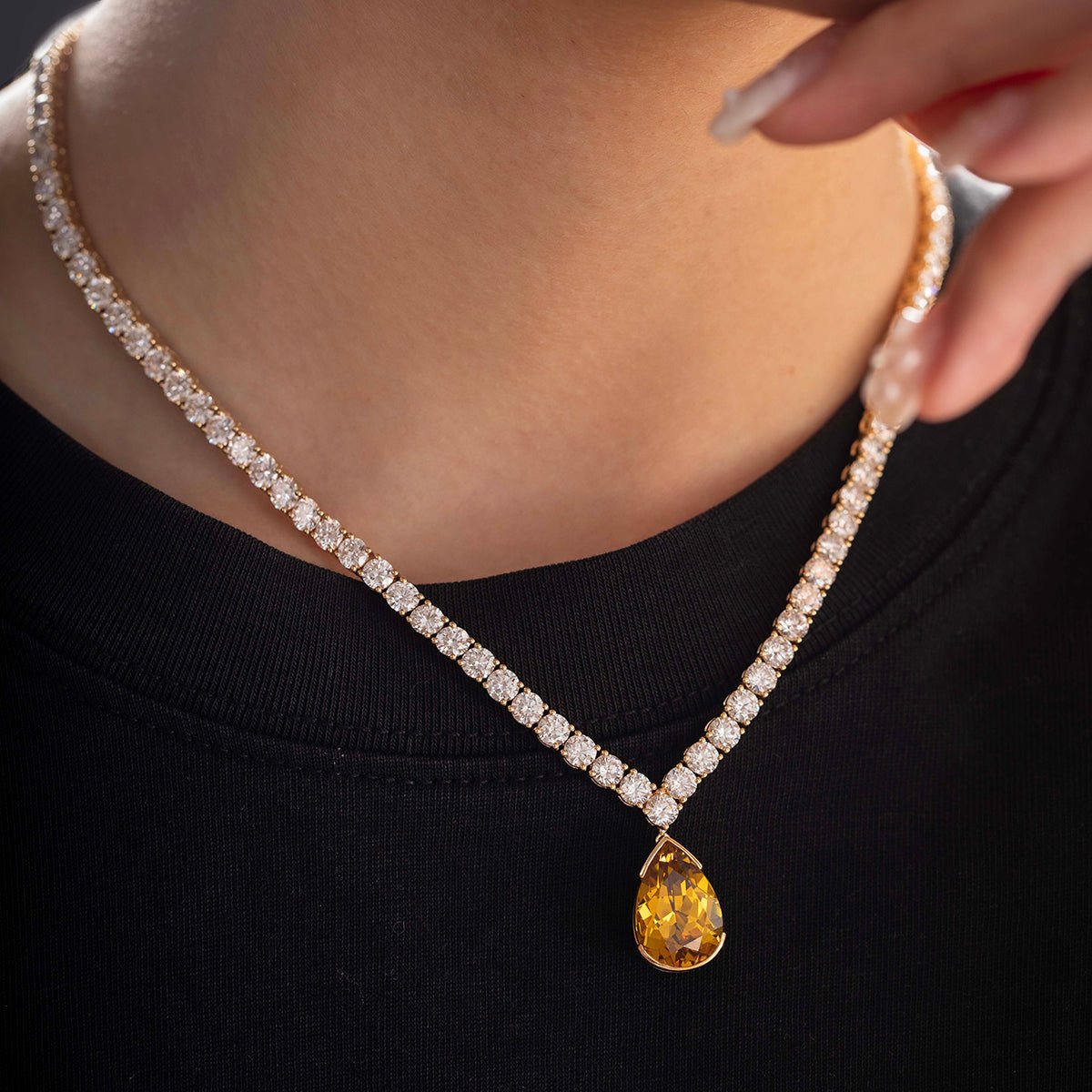 18K Yellow Gold 32.5 ct tw 4mm Tennis Necklace with A Pear Brazilian Natural Citrine - FIORESE JEWELRY