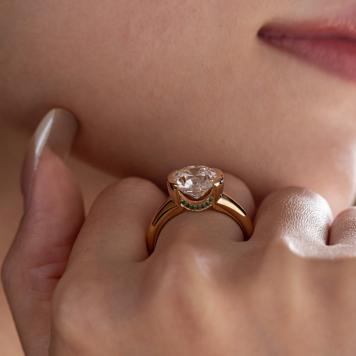 18K Yellow Gold 3.5ct Old Mine Cut Lab Diamond Half Bezel Statement Ring with Hidden Round Lab Emerald Wave Pave - FIORESE JEWELRY