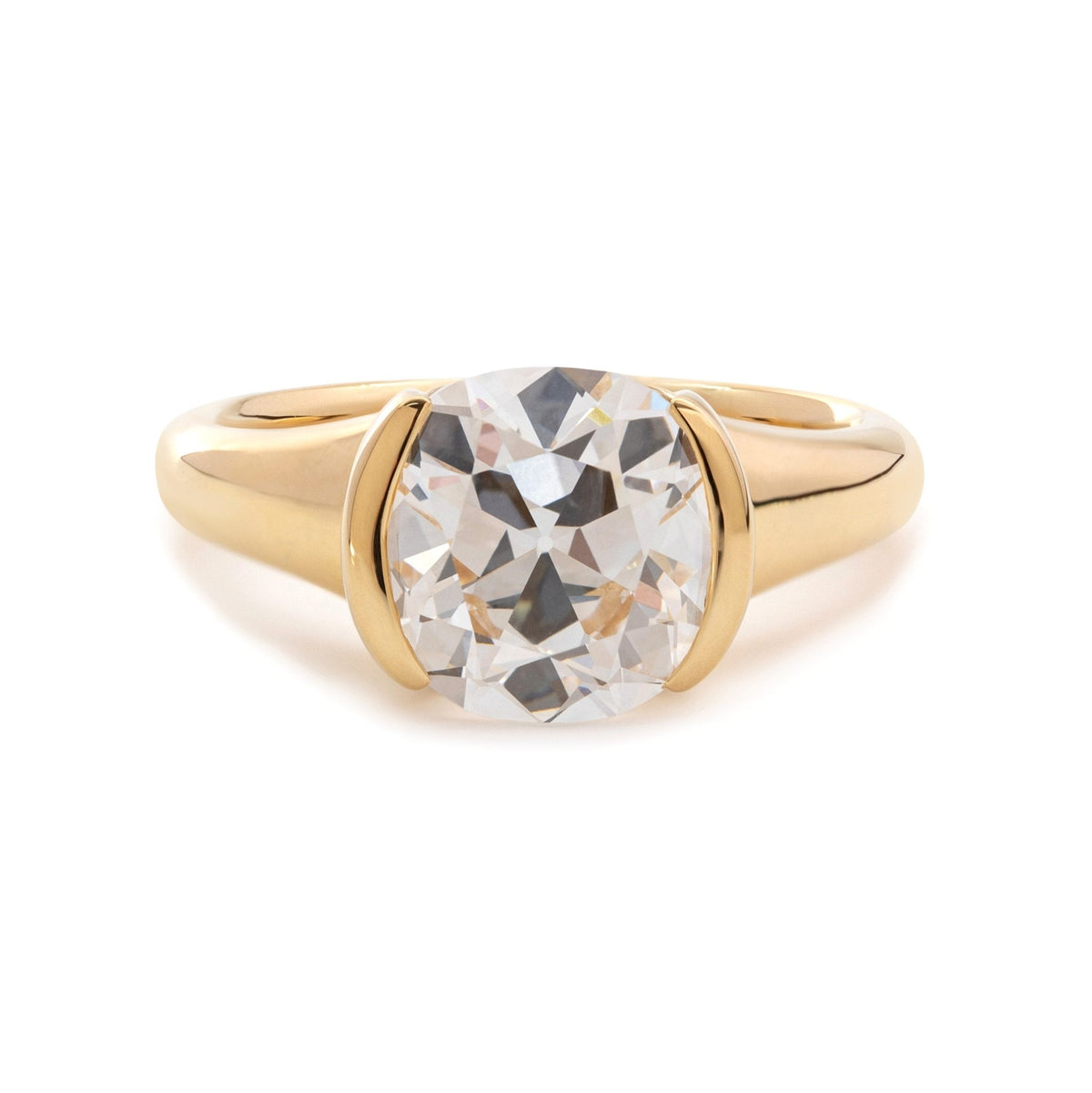 18K Yellow Gold 3.5ct Old Mine Cut Lab Diamond Half Bezel Statement Ring with Hidden Round Lab Emerald Wave Pave - FIORESE JEWELRY