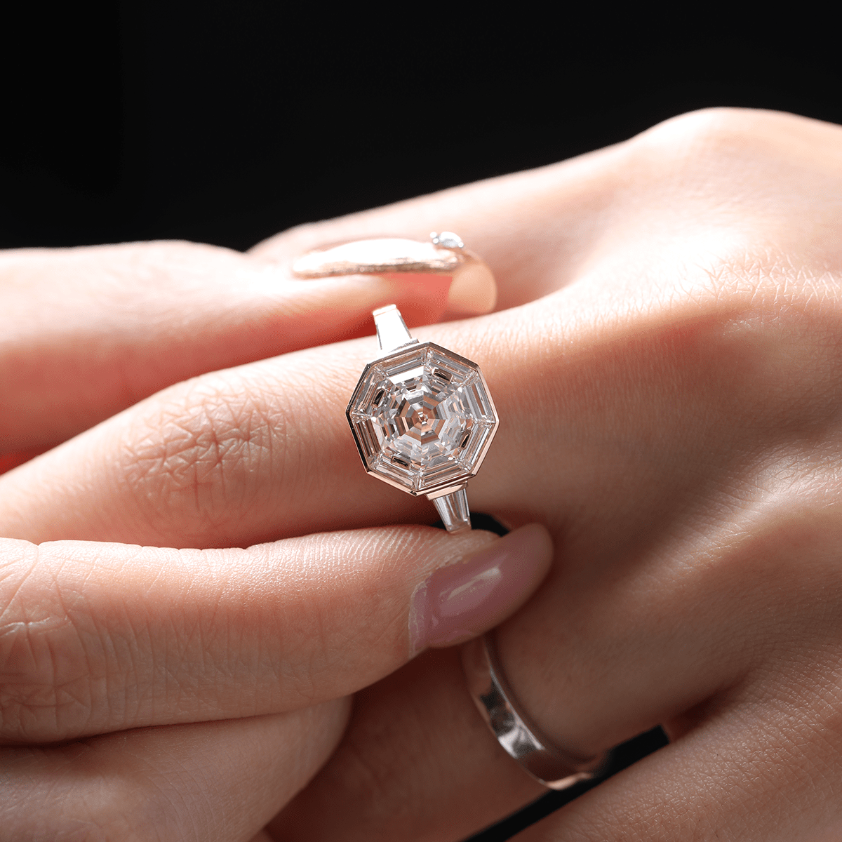 18K Yellow Gold 3ct Antique Bagua - shaped Step Cut Lab Diamond Ring with Tapered Step Cut Lab Diamond Halo and Two Tapered Baguette Cut Side - stone - FIORESE JEWELRY