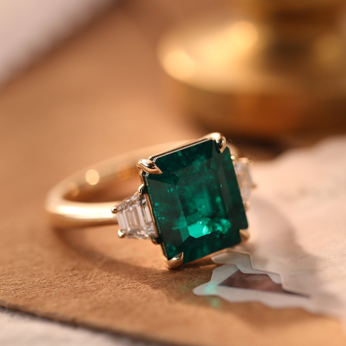 18K Yellow Gold 3ct Lab Emerald Three - stone Ring with Step Cut Trapezoid Lab Diamond Side - stones - FIORESE JEWELRY