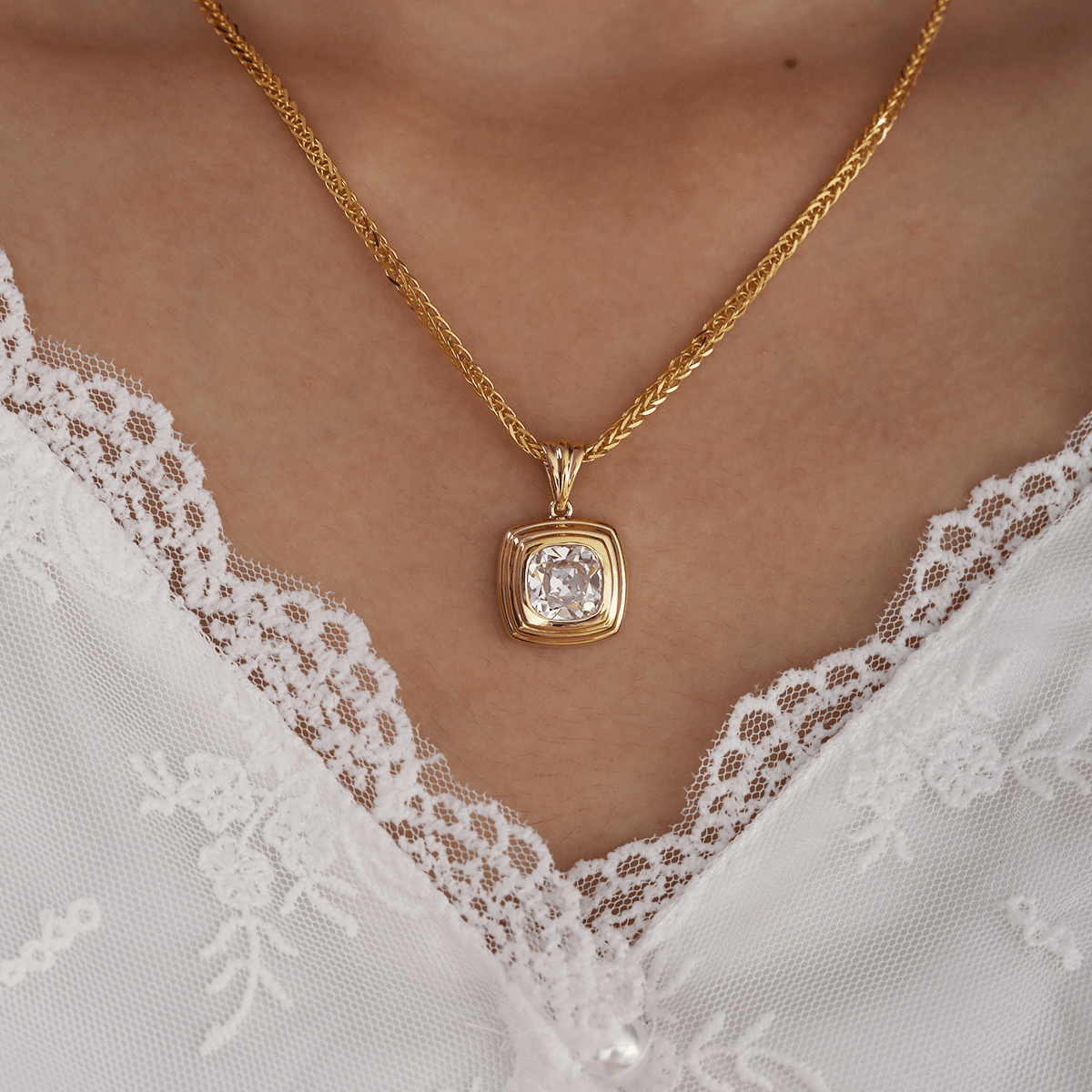 18K Yellow Gold 4ct Old Mine Cut Lab Diamond Flat - topped Stepped Pyramid Pendant Necklace - FIORESE JEWELRY