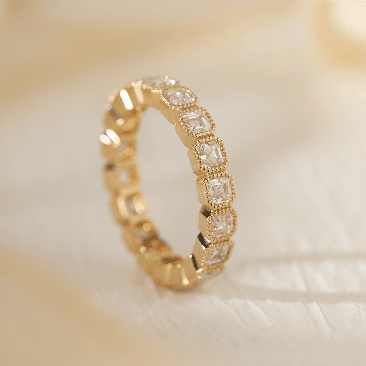 18K Yellow Gold Asscher Cut Lab Diamond Millegrain Bezel Eternity Ring - FIORESE JEWELRY