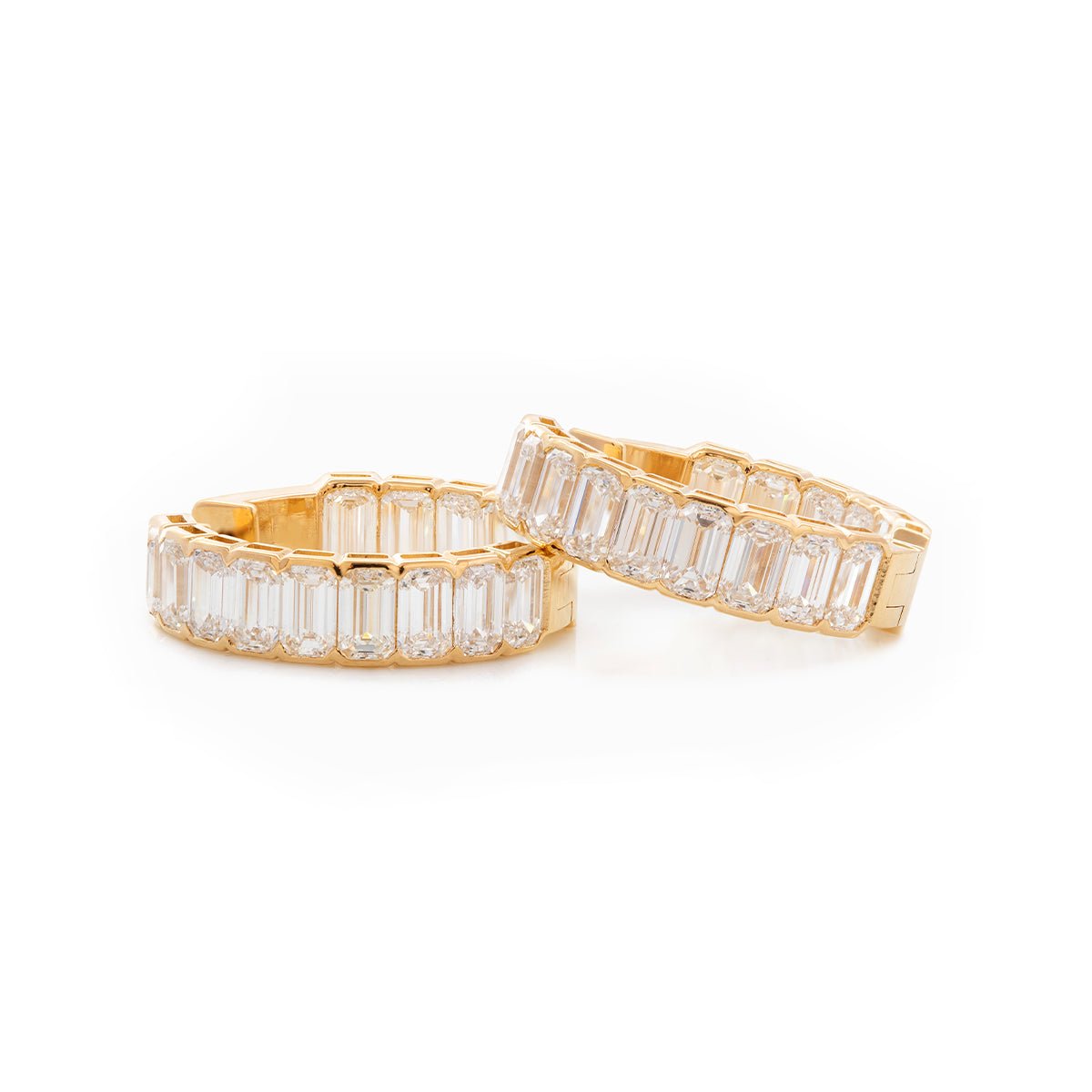 18K Yellow Gold Emerald Cut Lab Diamond Half Bezel Huggie Earrings - FIORESE JEWELRY