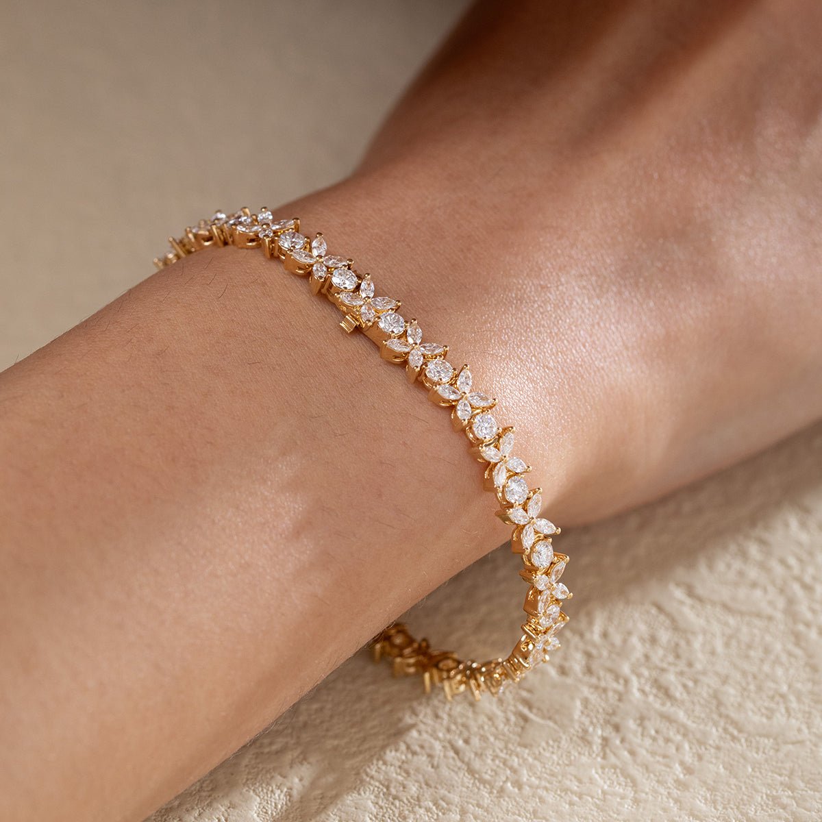 18K Yellow Gold Marquise Cut & Round Cut Lab Diamond Floral Tennis Bracelet - FIORESE JEWELRY