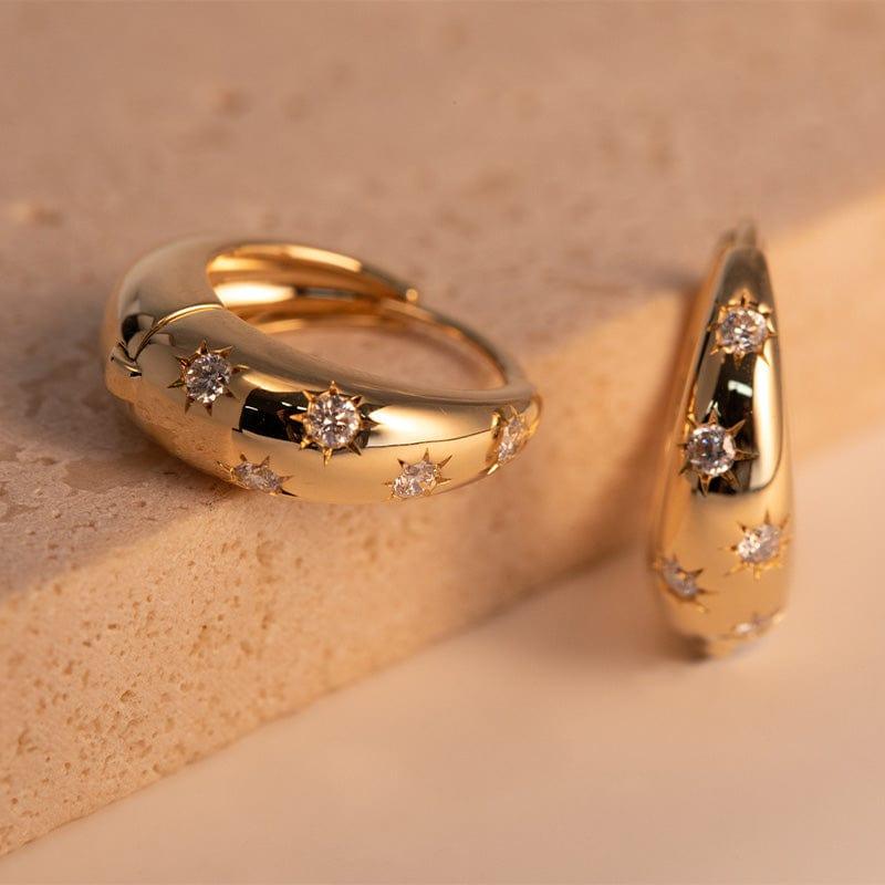 18K Yellow Gold Round Diamond 5 Star Diamond - milling Hoop Earrings - FIORESE JEWELRY
