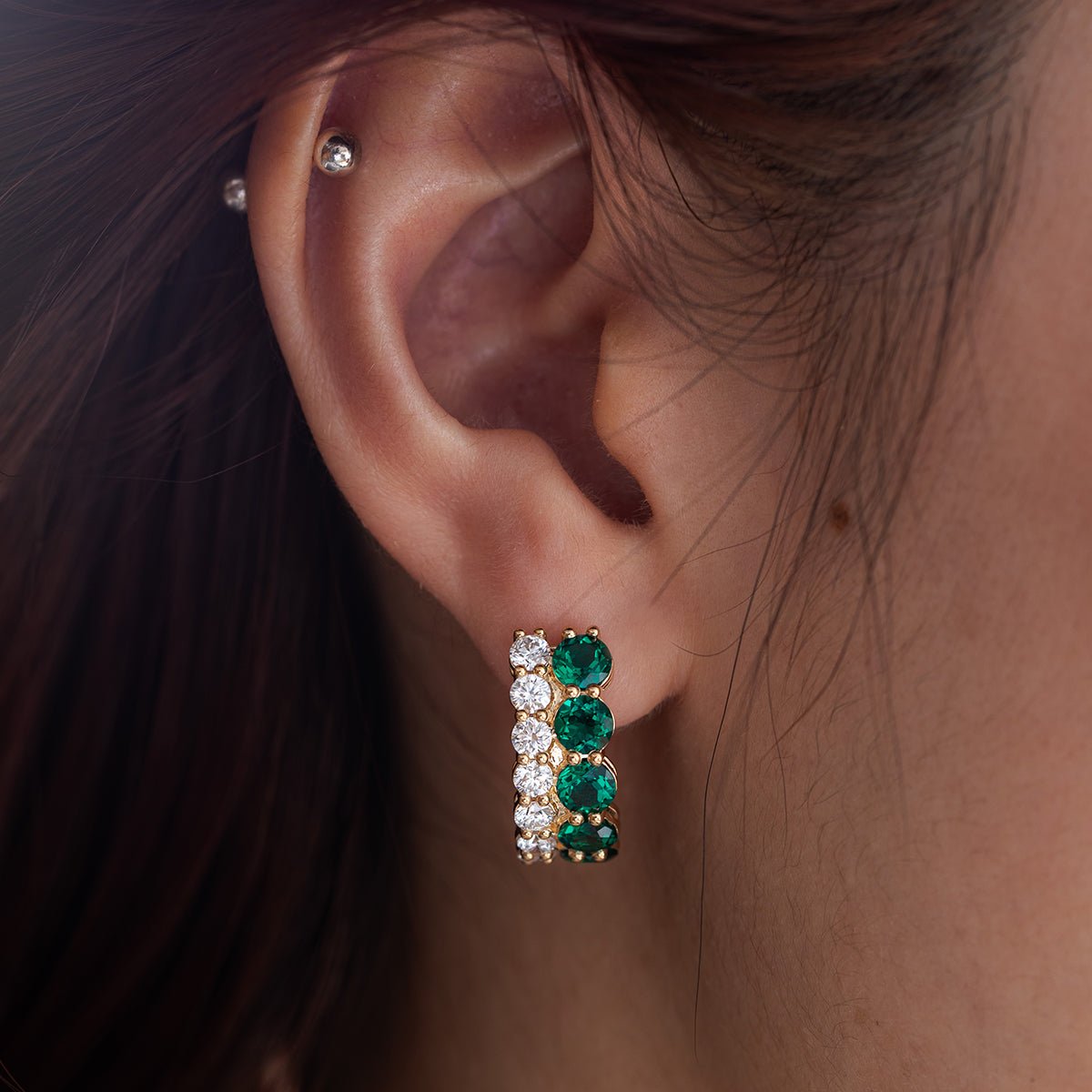 18K Yellow Gold Round Lab Diamond and Round Lab Zambian Emerald Stud Earrings - FIORESE JEWELRY