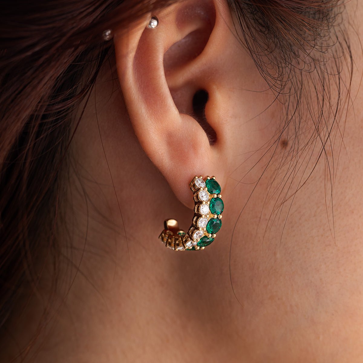 18K Yellow Gold Round Lab Diamond and Round Lab Zambian Emerald Stud Earrings - FIORESE JEWELRY