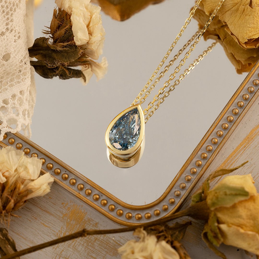2 Ct Pear Cut Fancy Blue Lab Diamond Bezel Pendant Necklace - LGG Jewelry
