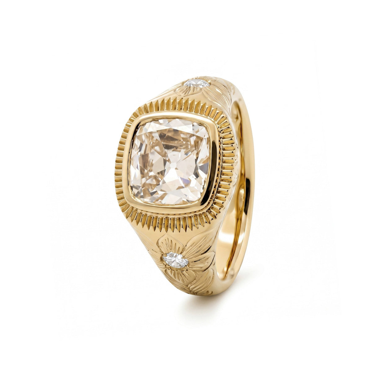 2.33CT Cushion Old Mine Cut Lab Diamond Hand - Engraved Flower Details Bezel Set Ring - FIORESE JEWELRY