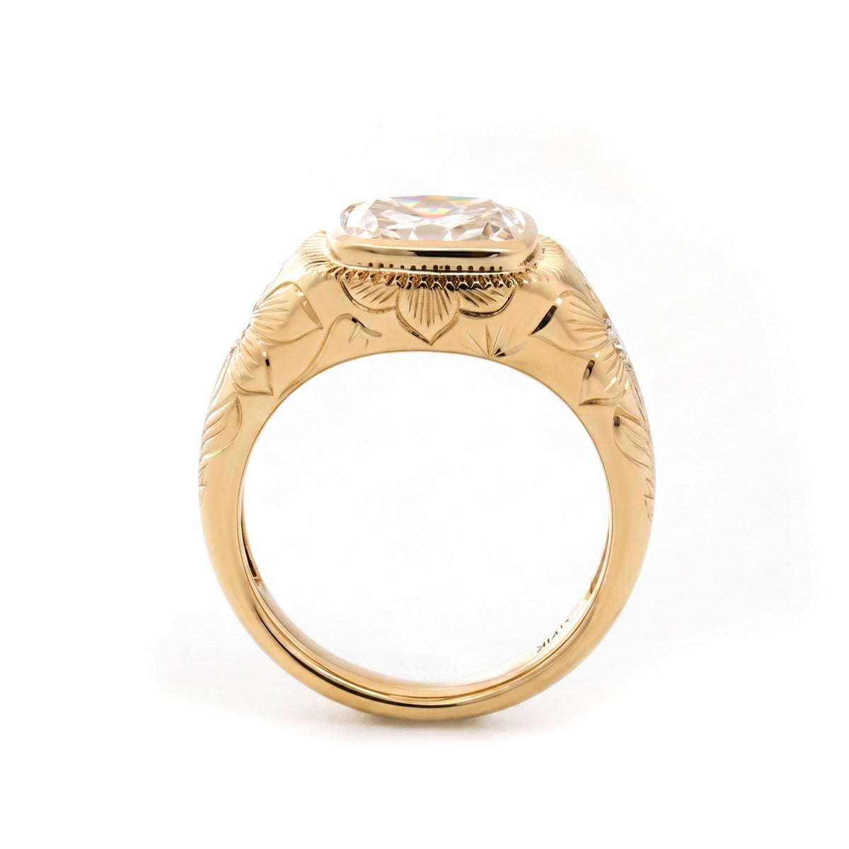 2.33CT Cushion Old Mine Cut Lab Diamond Hand - Engraved Flower Details Bezel Set Ring - FIORESE JEWELRY