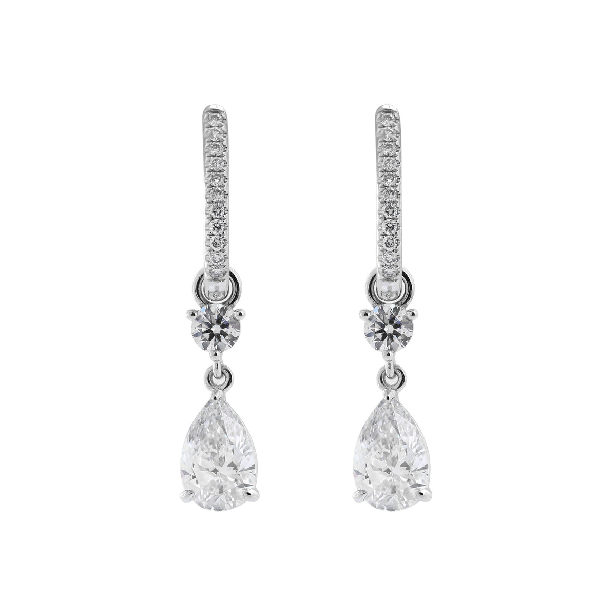 2.5 ct tw Pear Cut and Round Cut Lab Diamond Three Prong Basket Hoop Earrings - FIORESE JEWELRY