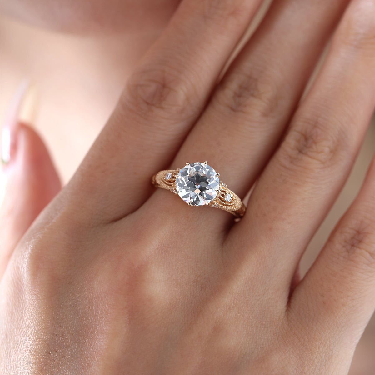 2.55CT Old European Cut Lab Diamond Hand - engraved Beaded Design Ring Paired Lab Diamonds - FIORESE JEWELRY