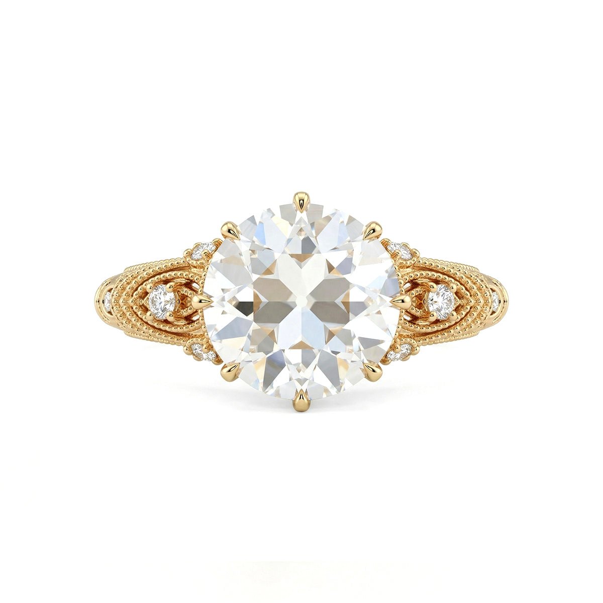 2.55CT Old European Cut Lab Diamond Hand - engraved Beaded Design Ring Paired Lab Diamonds - FIORESE JEWELRY