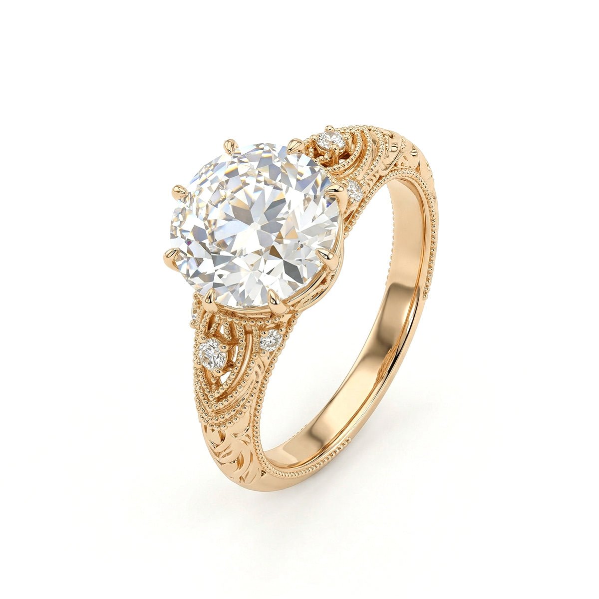 2.55CT Old European Cut Lab Diamond Hand - engraved Beaded Design Ring Paired Lab Diamonds - FIORESE JEWELRY