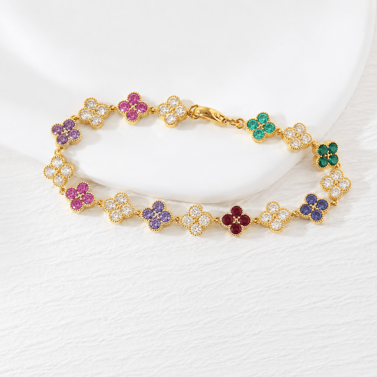 2.5mm Gemstone Four-Leaf Clover Station Bracelet with Millegrain Bezel - FIORESE JEWELRY