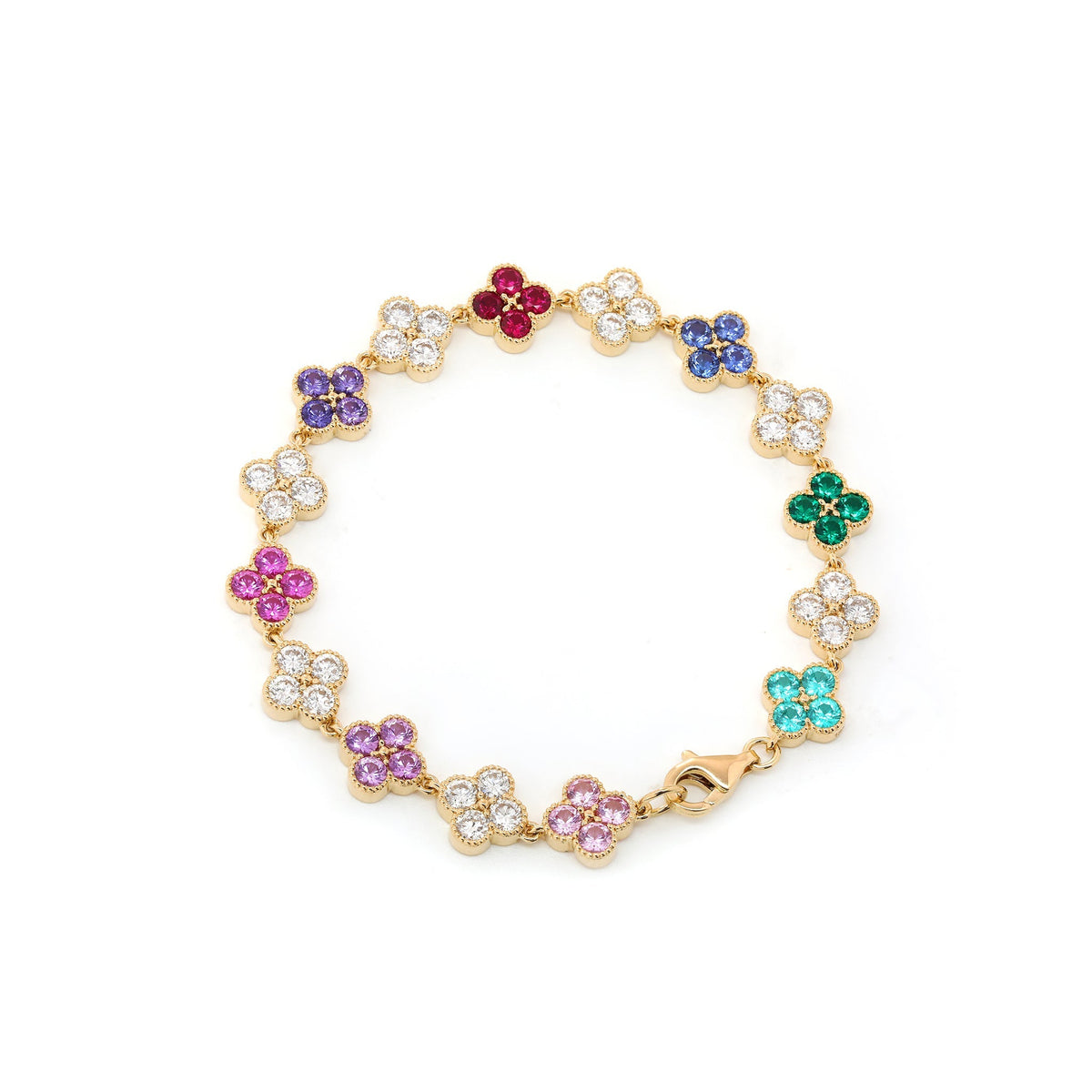 2.5mm Gemstone Four-Leaf Clover Station Bracelet with Millegrain Bezel - FIORESE JEWELRY
