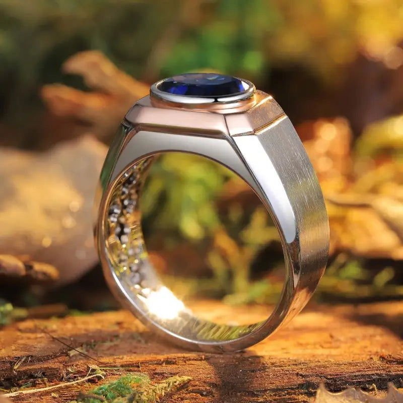 2.64 Ct Oval Shape Lab Blue Sapphire Bezel Wedding Ring For Men - LGG Jewelry