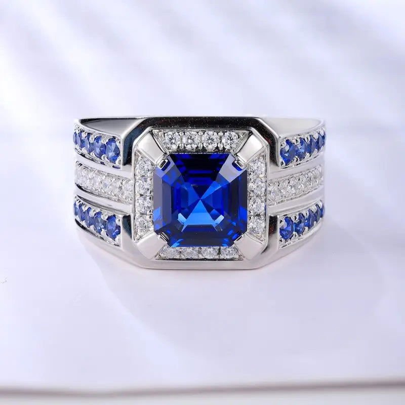 3 Ct Asscher Cut Lab Blue Sapphire Cluster Wedding Ring For Men - LGG Jewelry