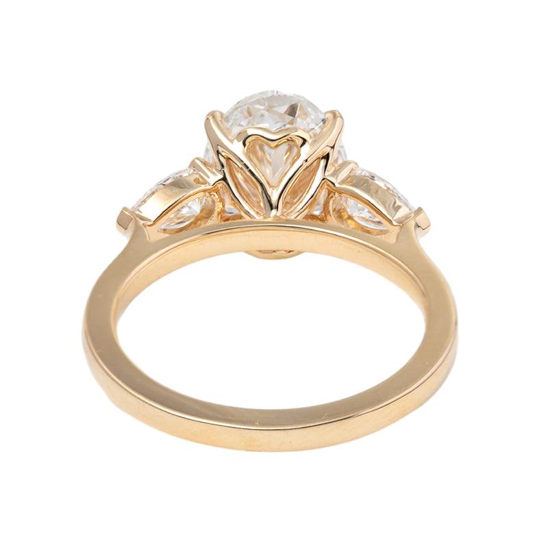 3 CT Oval Cut Lab Diamond 4 - Claw Floral Basket Three - Stone Ring with Pear Side Stones - FIORESE JEWELRY