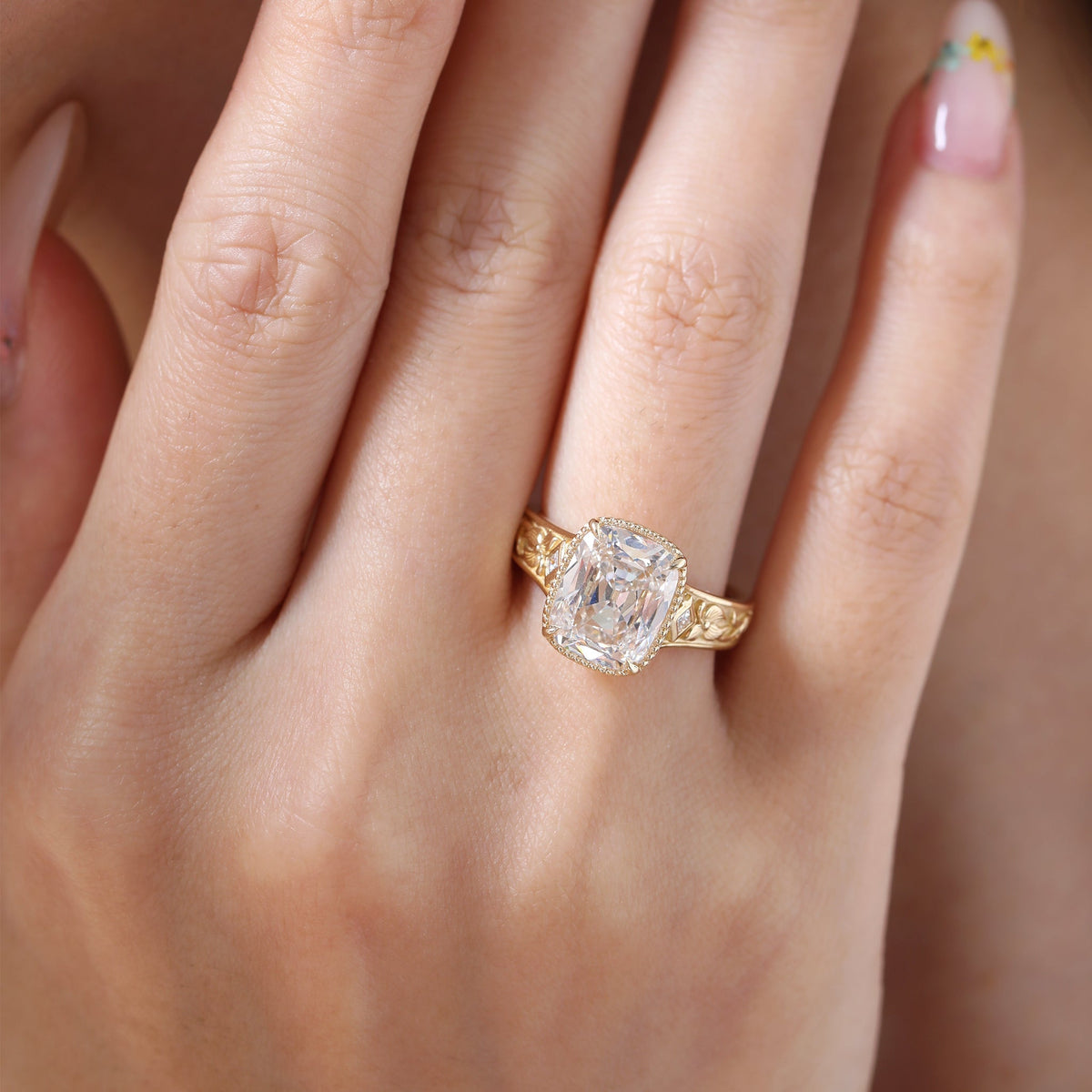 3.7CT Cushion Old Mine Cut Lab Diamond Beaded Bezel Set Hand - Engraved Motif Band Ring - FIORESE JEWELRY