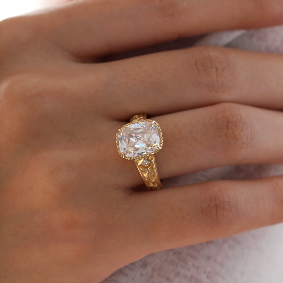 3.7CT Cushion Old Mine Cut Lab Diamond Beaded Bezel Set Hand - Engraved Motif Band Ring - FIORESE JEWELRY