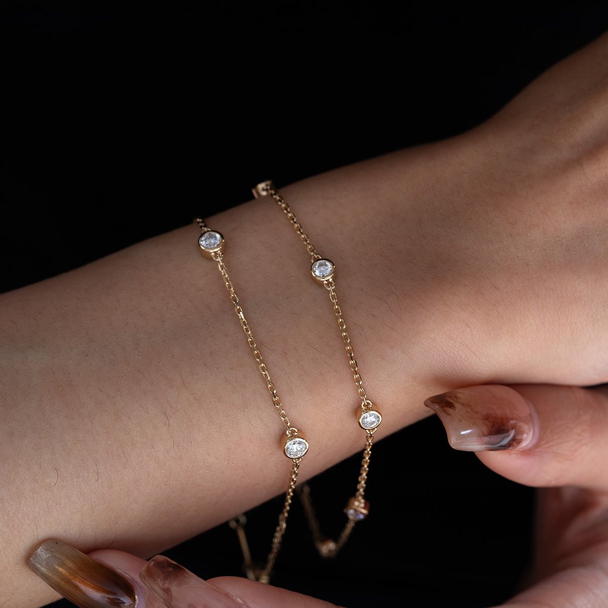 3mm Round Lab Diamond 5 - Stone Bezel - Set Adjustable Station Bracelet - FIORESE JEWELRY