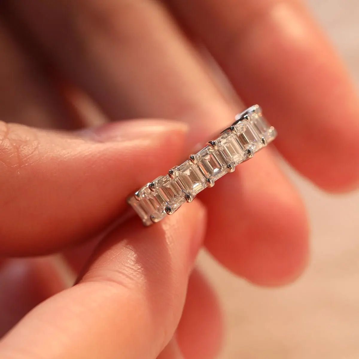 4*3mm Emerald Cut Lab Diamond Shared Claw Prong Basket Half Eternity Ring - FIORESE JEWELRY