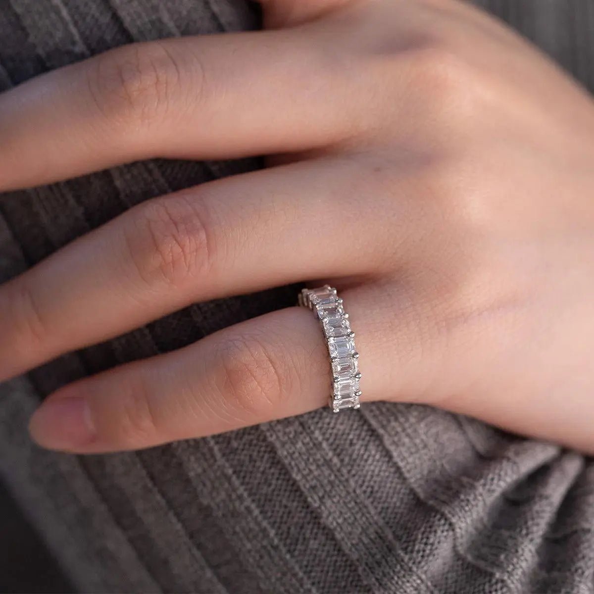 4*3mm Emerald Cut Lab Diamond Shared Claw Prong Basket Half Eternity Ring - FIORESE JEWELRY