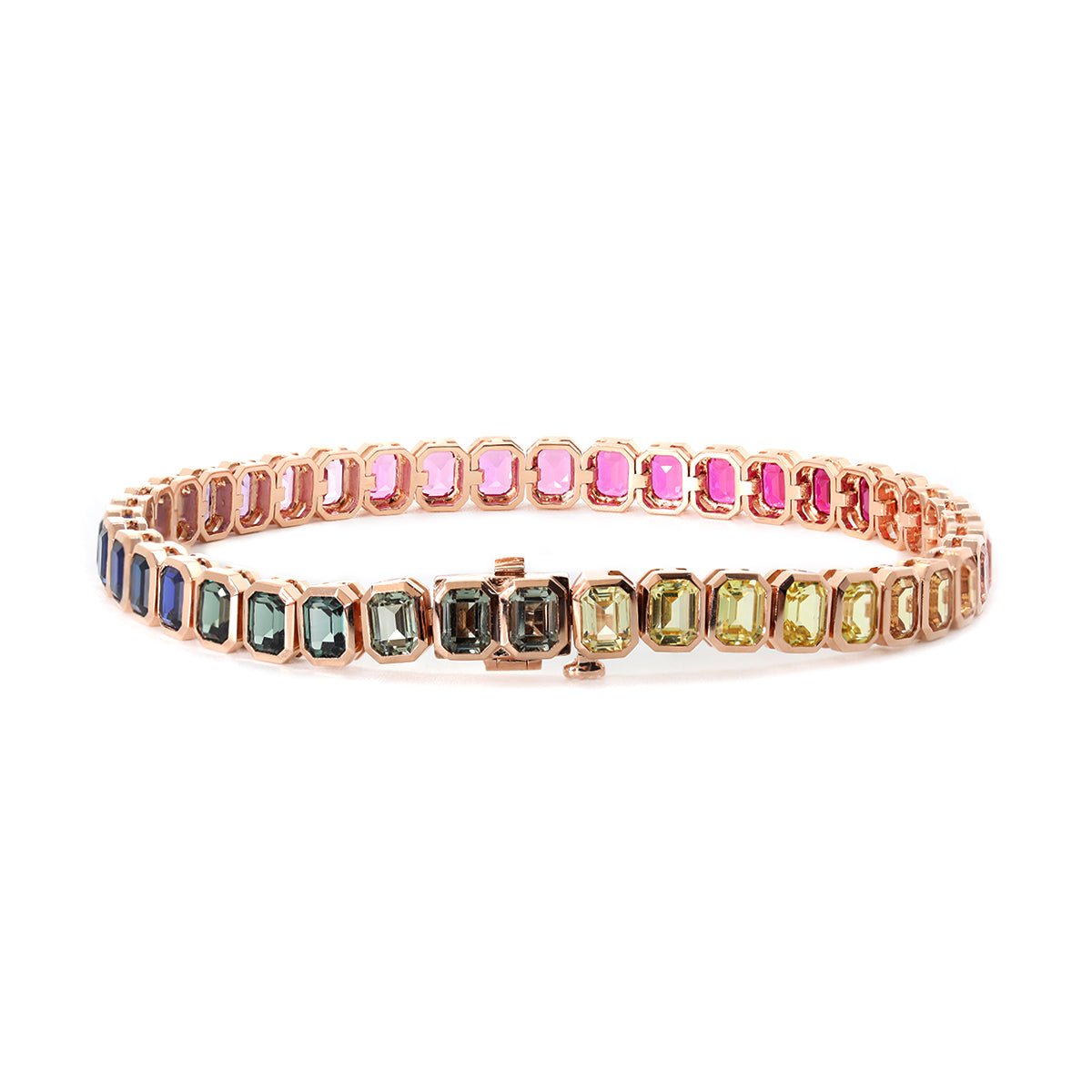 4×3mm Emerald Cut Rainbow - Colored Lab Sapphire Bezel - Set Tennis Bracelet with Box Clasp - FIORESE JEWELRY