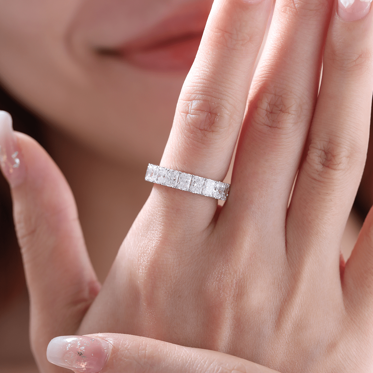 4*3MM Radiant Cut Lab Diamond U Shaped Pave Eternity Band - FIORESE JEWELRY