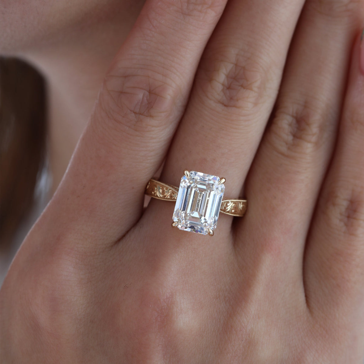5.19CT Vintage Emerald - Cut Lab Diamond Hand - Engraved Ring with Taper Band - FIORESE JEWELRY