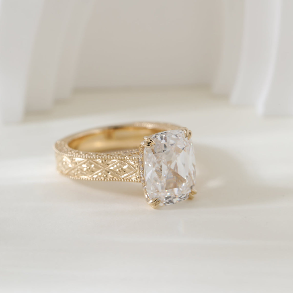 5.42CT Cushion Old Mine Cut Lab Diamond Vintage Hand - Engarved Wide Band Design Ring - FIORESE JEWELRY
