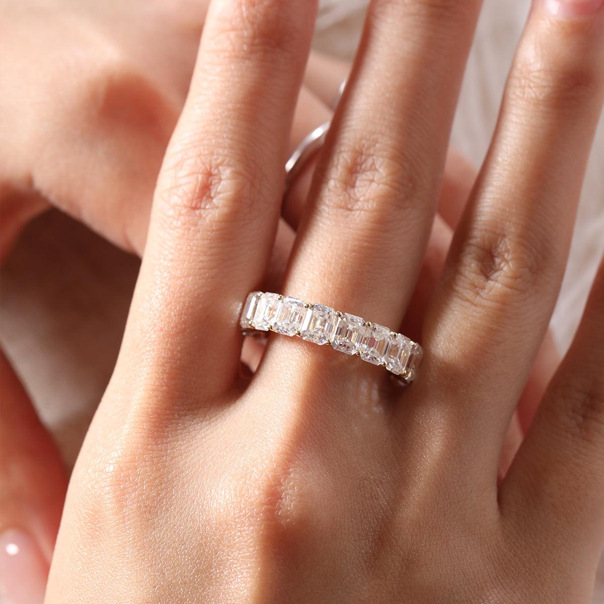 5*4mm Emerald Cut Moissanite Shared Prong U - shaped Pave Eternity Ring - FIORESE JEWELRY