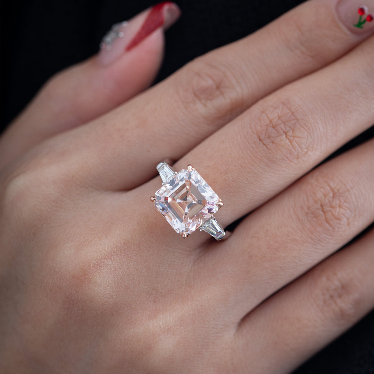 7.99CT Asscher Cut Pink Lab Diamond Classic Three Stone Statement Ring - FIORESE JEWELRY