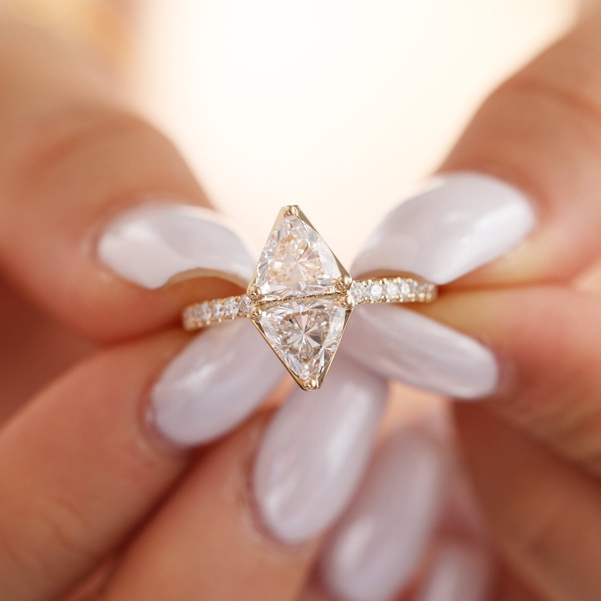 7mm Trillion Cut Lab Diamond Toi et Moi Ring with Half Eternity Pave - FIORESE JEWELRY