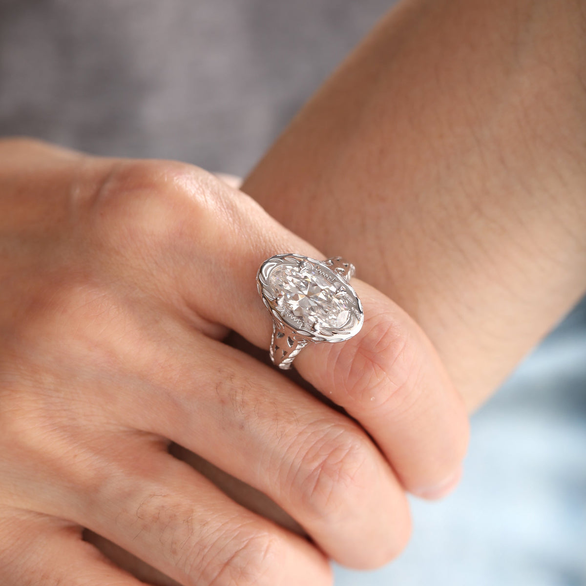 Artique Style Filigree Carved Elongated Oval Lab Diamond Ring - FIORESE JEWELRY