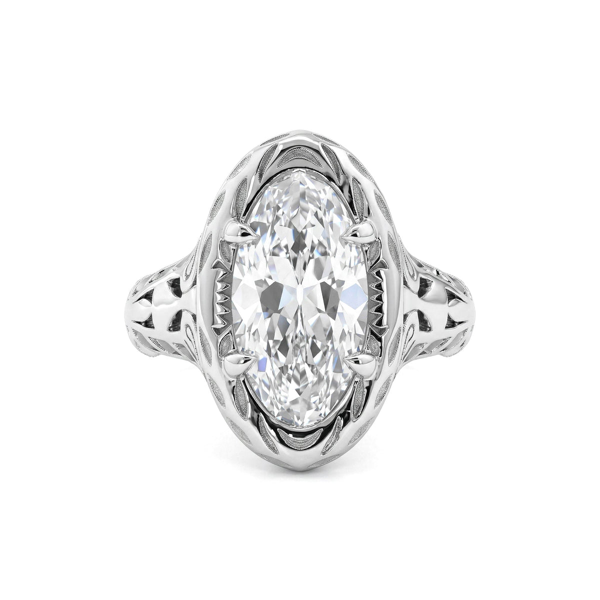 Artique Style Filigree Carved Elongated Oval Lab Diamond Ring - FIORESE JEWELRY