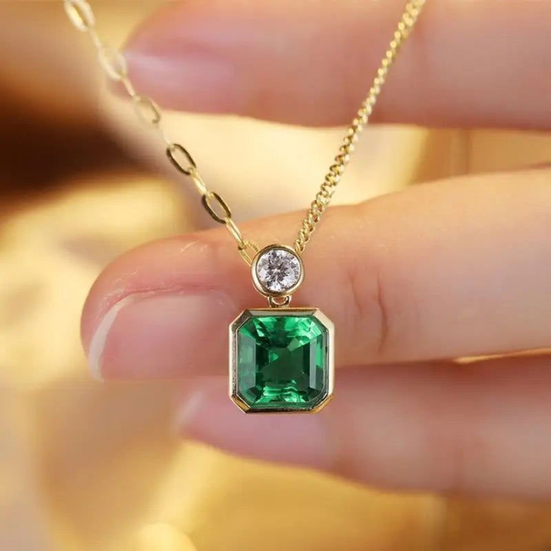 Asscher Cut Columbia Green Lab Emerald Bezel Pendant - LGG Jewelry