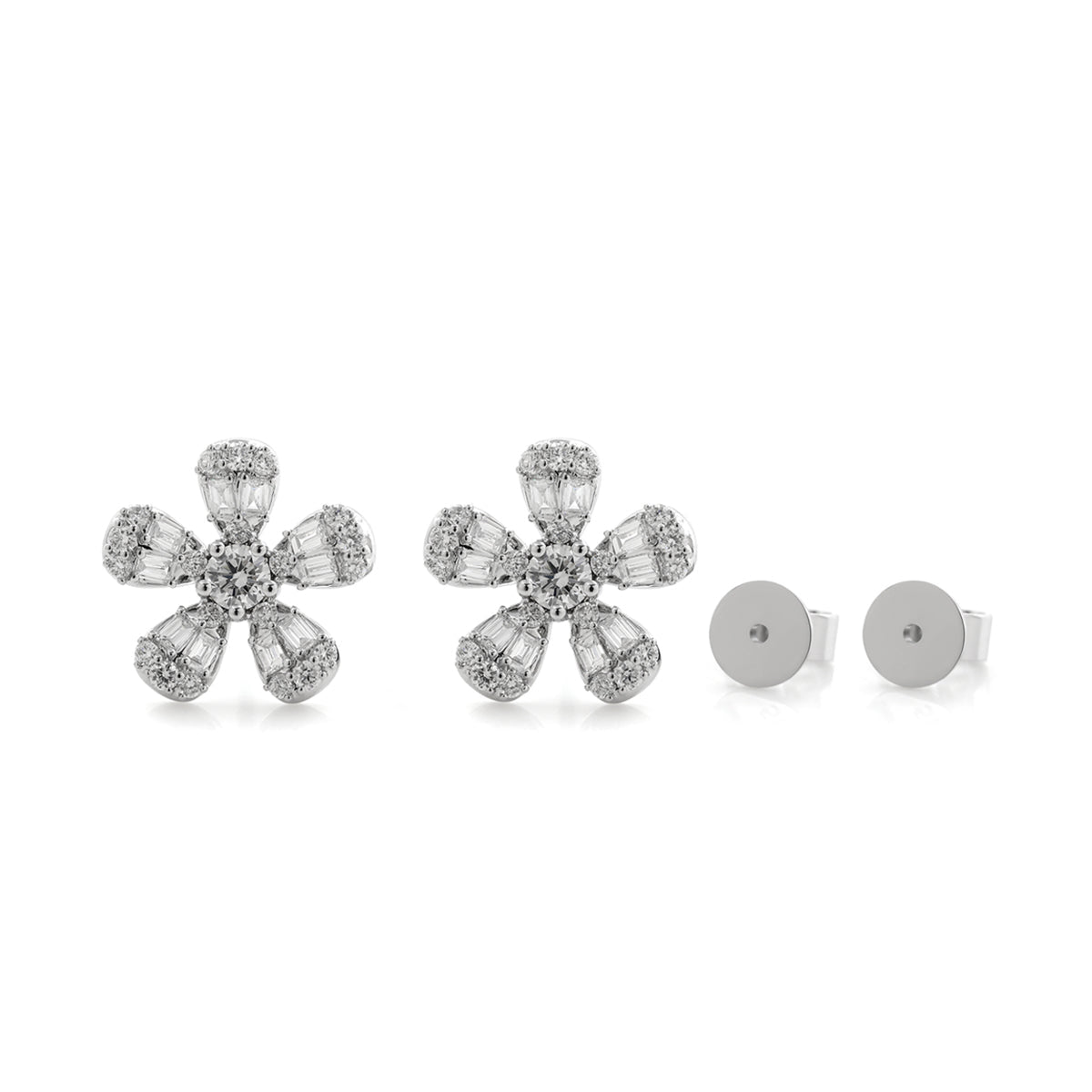 Baguette and Round Cut Lab Diamond Flower Stud Earrings — Art Nouveau Nature - Inspired - FIORESE JEWELRY
