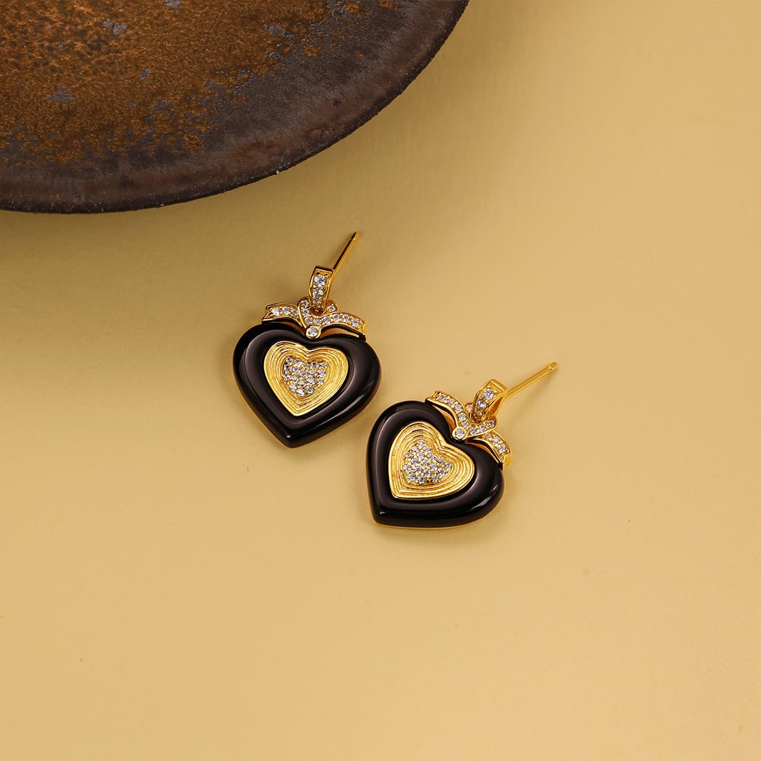 Black Agate Triple Romantic Heart Earrings - LGG Jewelry