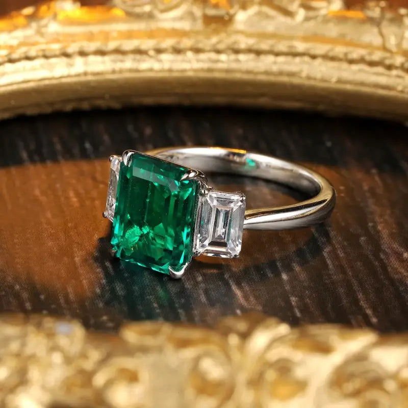 Classic 1.32 Ct Lab Emerald Three Stone Engagement Ring - LGG Jewelry