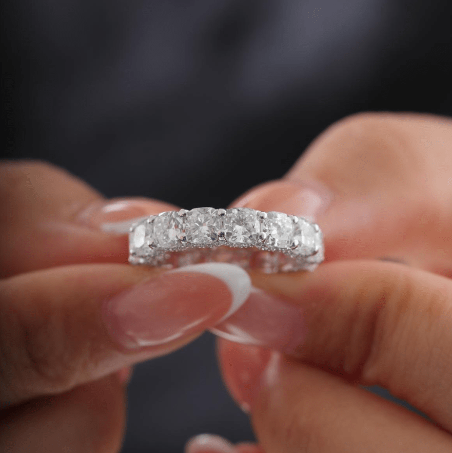 Cushion-Cut Lab Diamond Eternity Ring with Shared Round Prong and Round Pavé - FIORESE JEWELRY
