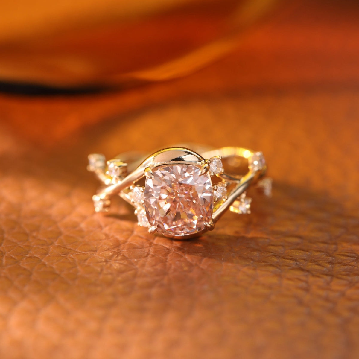 Cushion - Cut Pink Lab Diamond Ring with Leaf & Vine Band - FIORESE JEWELRY