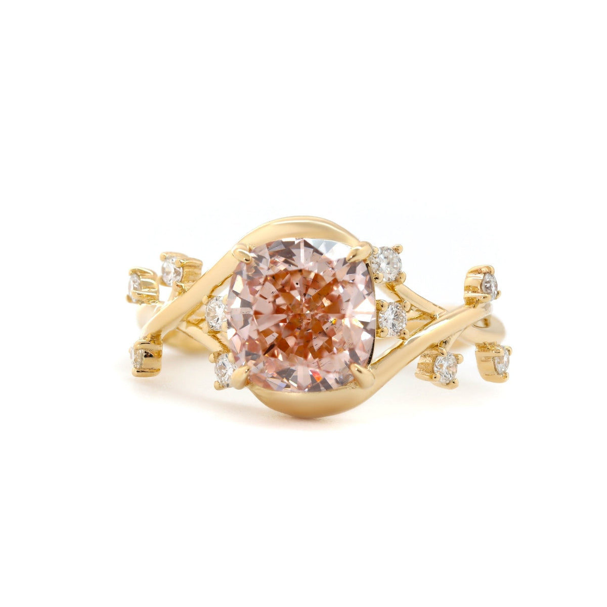Cushion - Cut Pink Lab Diamond Ring with Leaf & Vine Band - FIORESE JEWELRY