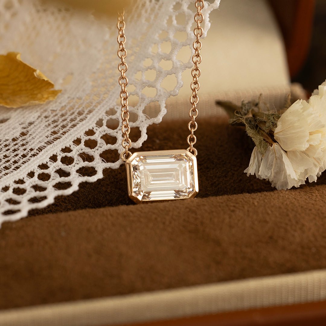East-west 2 Ct Emerald Cut Lab Diamond Bezel Pendant Necklace - LGG Jewelry