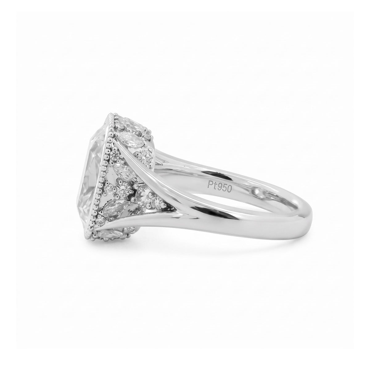 Elongated OMC Diamond Bezel Ring with Round & Marquise-Cut Side Stones and Millegrain - FIORESE JEWELRY
