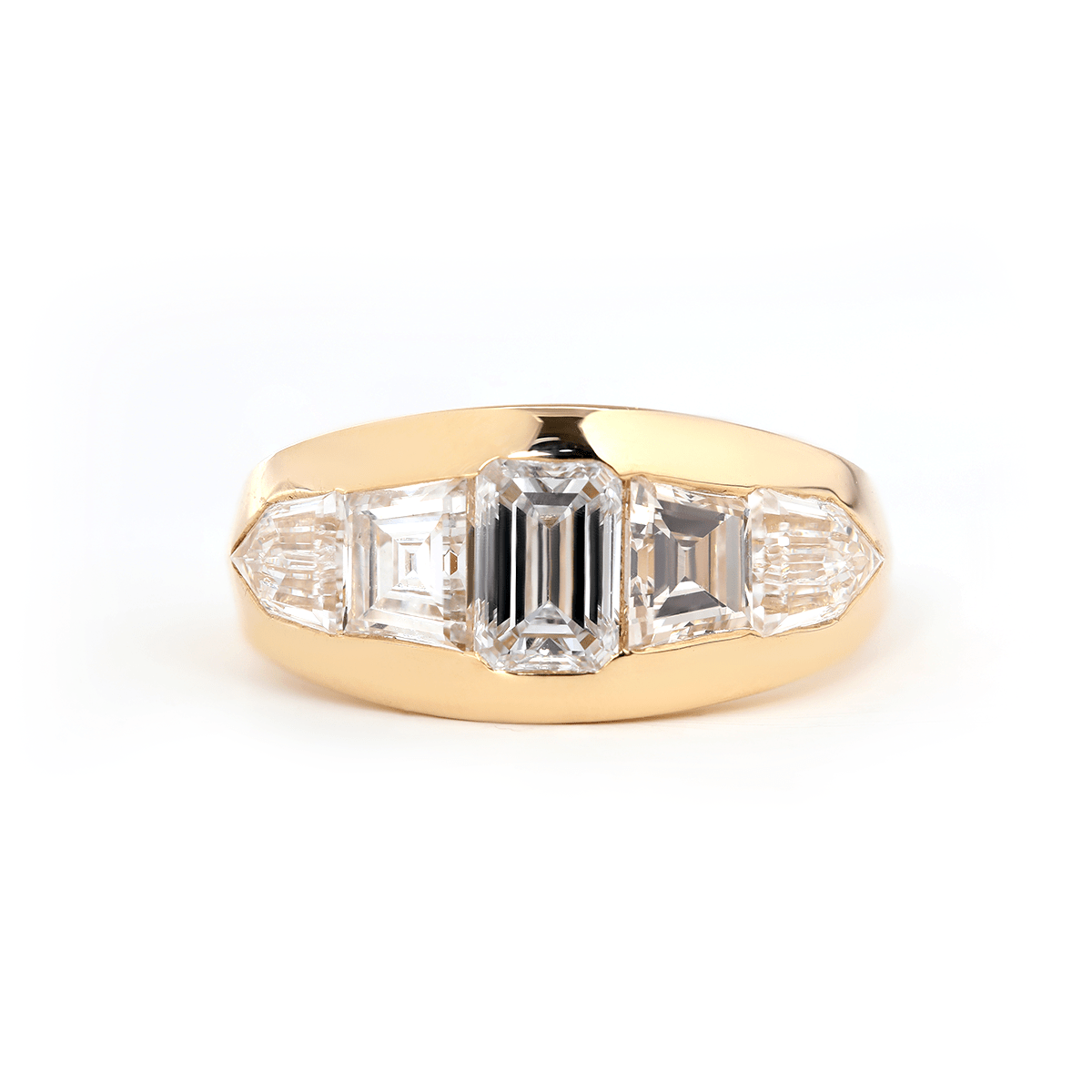 Emerald - Cut Lab Diamond Five - Stone Bezel - Set Ring with Tapered Step - Cut and Bullet - Cut Side Stones - FIORESE JEWELRY